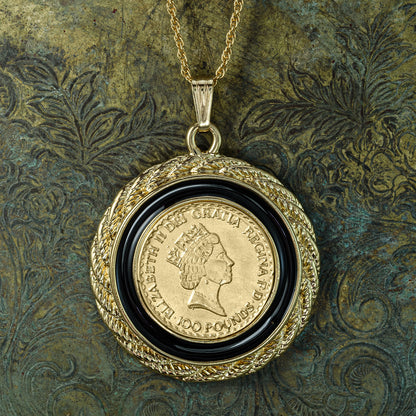 Queen Elizabeth II 100 Pound Coin Pendant Necklace - 18K Yellow Gold Electroplated with Black Accent Ring jewelry image 1