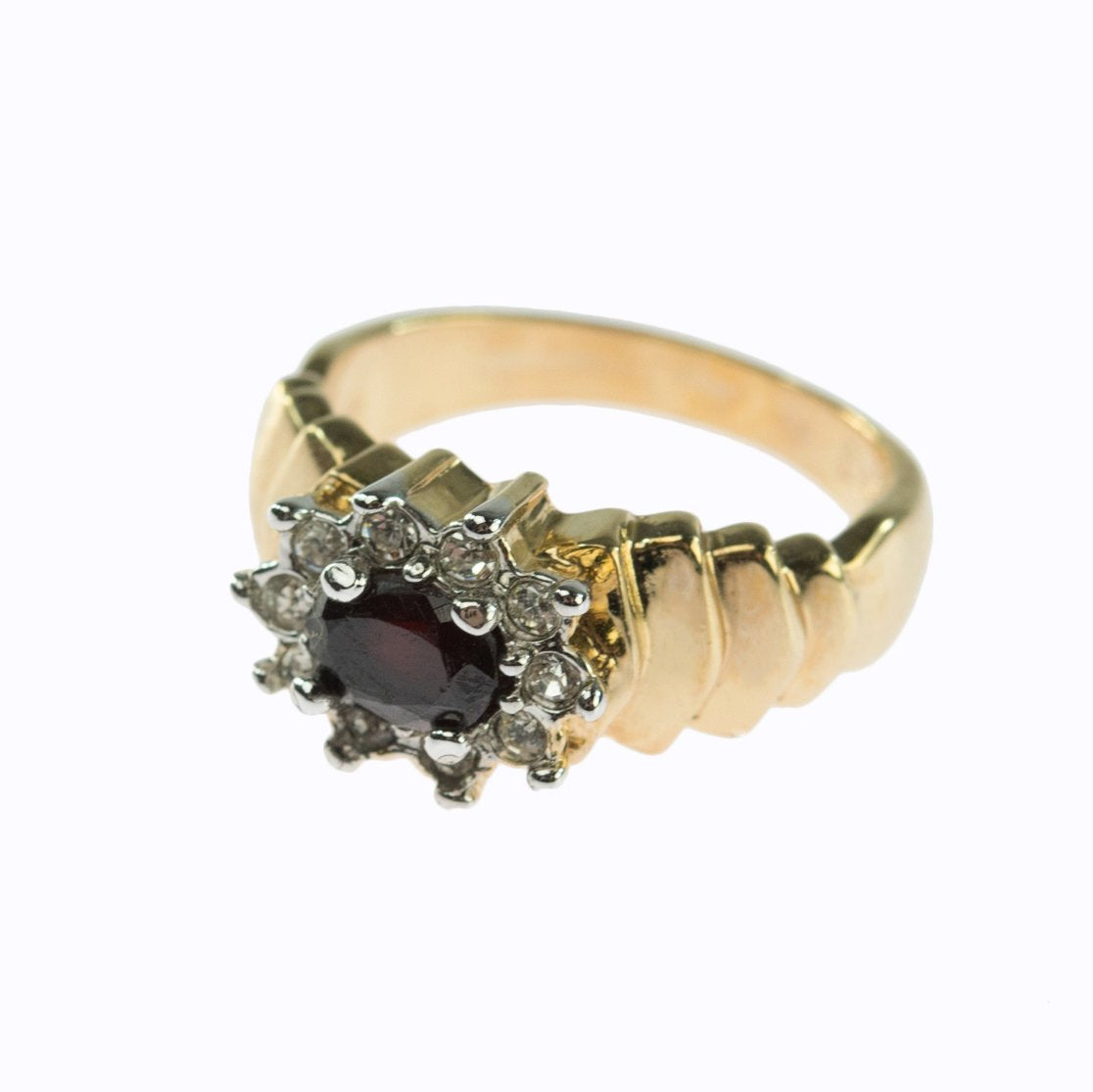 Vintage Ring Genuine Garnet and Clear Swarovski Crystals 18kt Gold Electroplated Band January Birthstone
