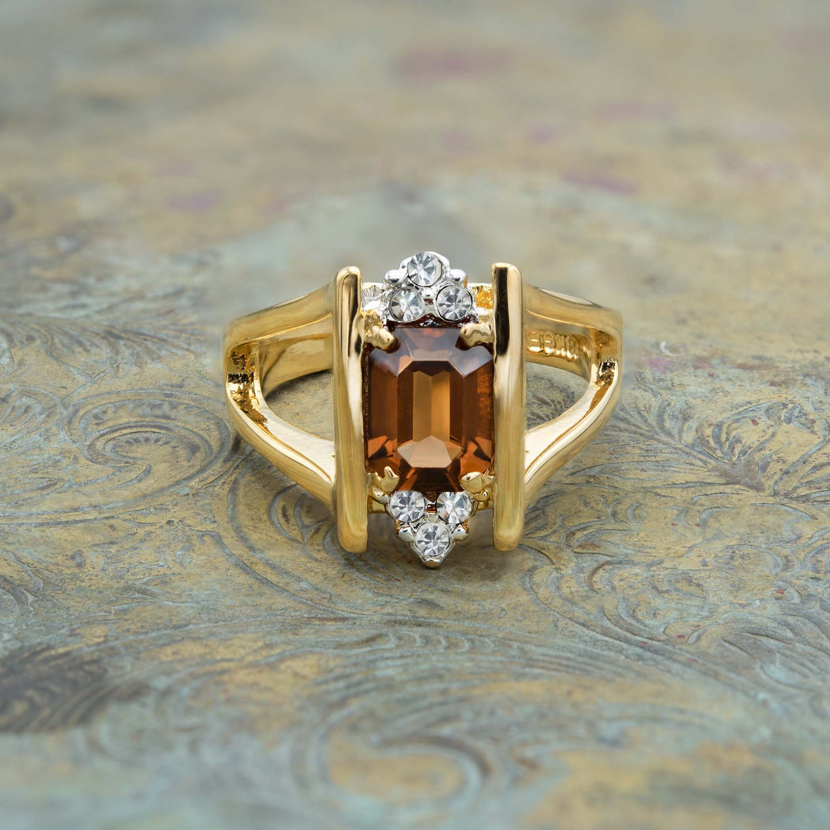 Stella 1980s Smoke Topaz and Clear Austrian Crystal 18k Gold Electroplated Ring jewelry image 1