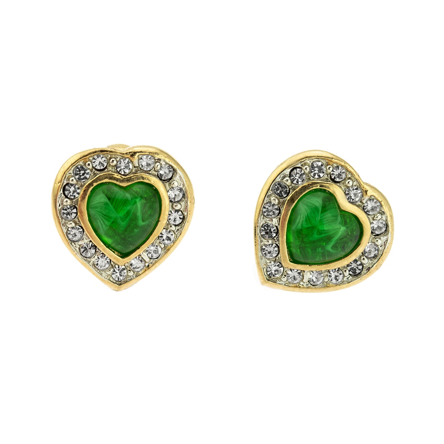 Vintage Emerald Green Cabochon Heart and Clear Crystal Post Earrings - 18k Yellow Gold Electroplated Made in USA jewelry image 1