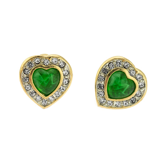 Vintage Emerald Green Cabochon Heart and Clear Crystal Post Earrings - 18k Yellow Gold Electroplated Made in USA jewelry image 1