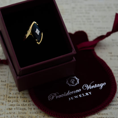 Vintage Imitation Onyx Stone set with Austrian Crystal 18kt Yellow Gold Electroplated Setting Made in USA #R961 Size: 4