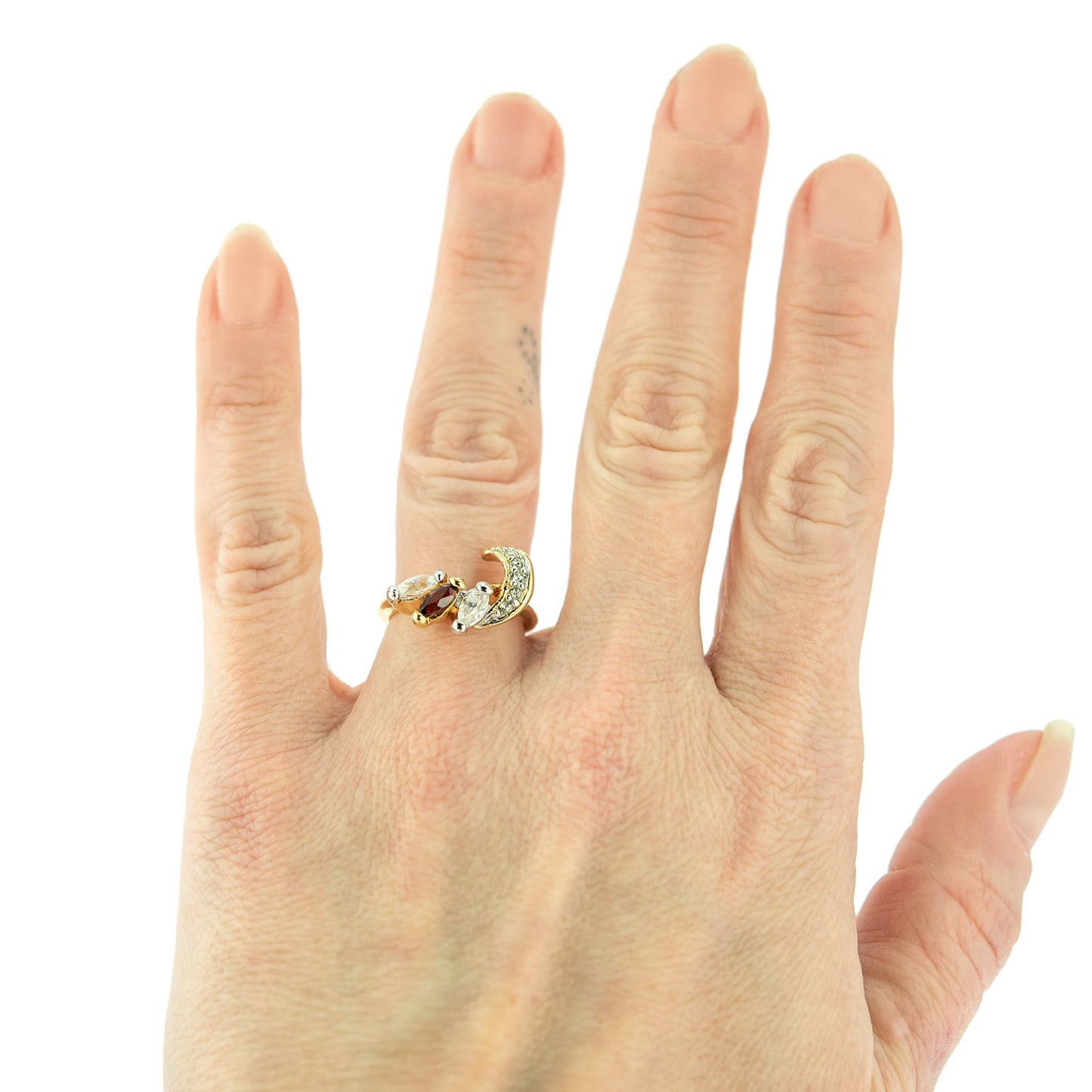 Vintage Ring Genuine Garnet and Clear Austrian Crystal 18kt Yellow Gold Electroplated Made in USA Size: 6