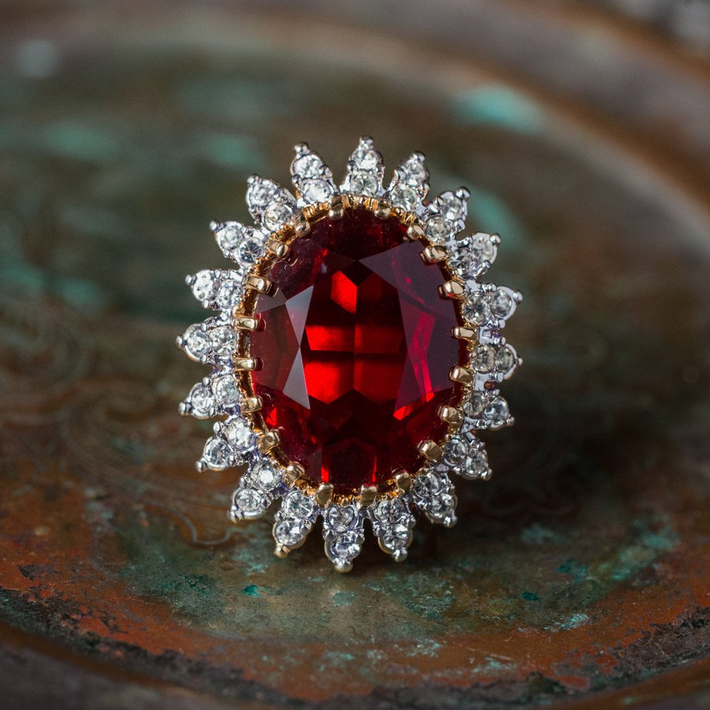 Vintage Ruby and Clear Austrian Crystal Cocktail Ring – 18k Gold Electroplated, Made in USA jewelry image 1