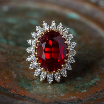 Vintage Ruby and Clear Austrian Crystal Cocktail Ring – 18k Gold Electroplated, Made in USA jewelry image 1
