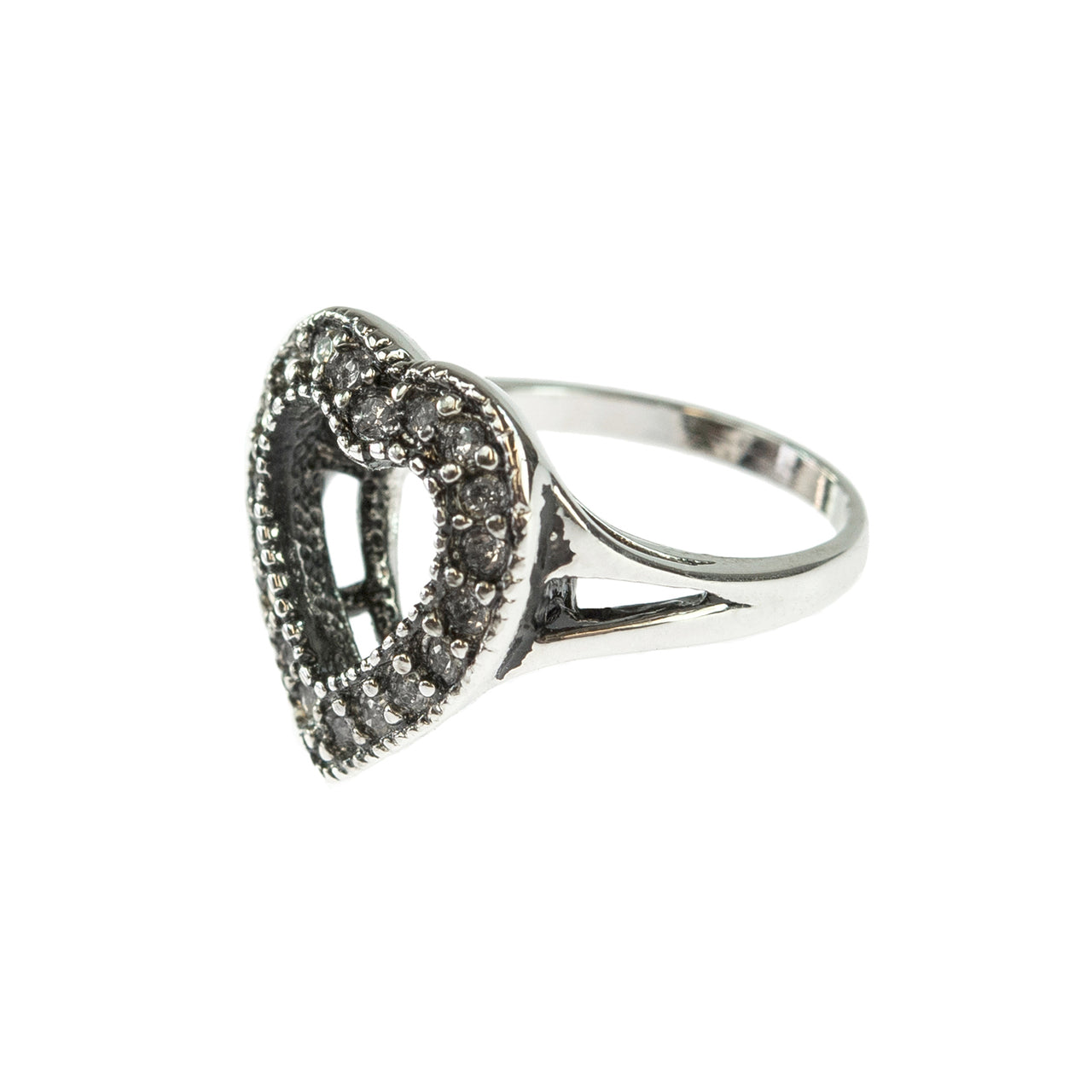 Vintage Clear Austrian Crystal Heart Ring Antiqued 18k White Gold Electroplated Made in USA