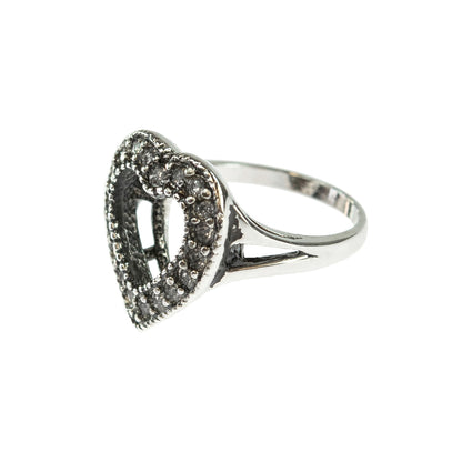 Vintage Clear Austrian Crystal Heart Ring Antiqued 18k White Gold Electroplated Made in USA
