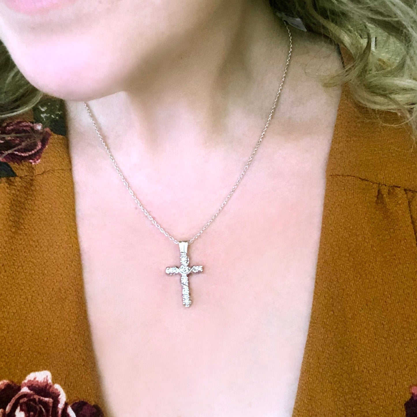 Vintage Cross Pendant with Austrian Crystals 16 Inch Yellow Gold Plated Pendant Necklace