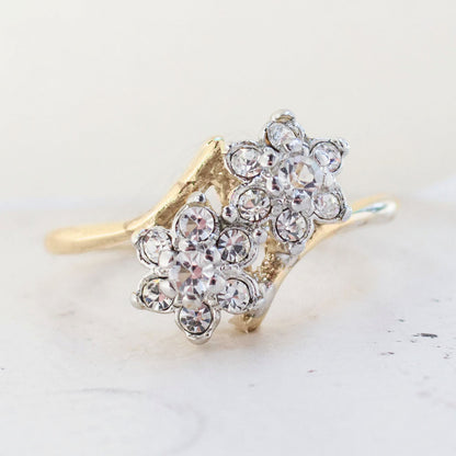 Vintage 1970s Double Flower Cluster Ring with Clear Austrian Crystals - 18k Gold Electroplated - Made in USA jewelry image 1