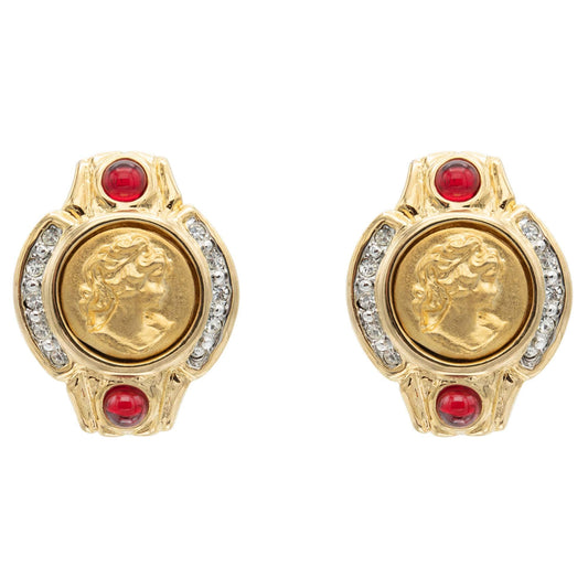 Vintage Gold-Plated Roman Coin Clip-On Earrings with Ruby Red Cabochons and Clear Crystals jewelry image 1