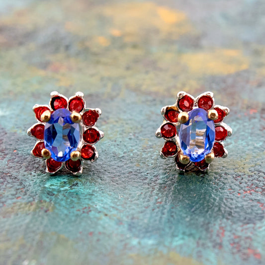 Vintage Sapphire and Ruby Swarovski Crystal Post Earrings E1291