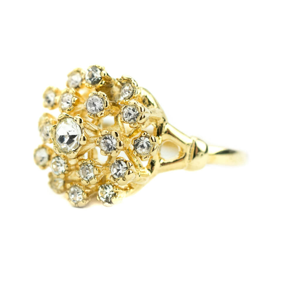 Vintage Clear Austrian Crystal Burst Ring 18k White Gold Electroplated Made in USA