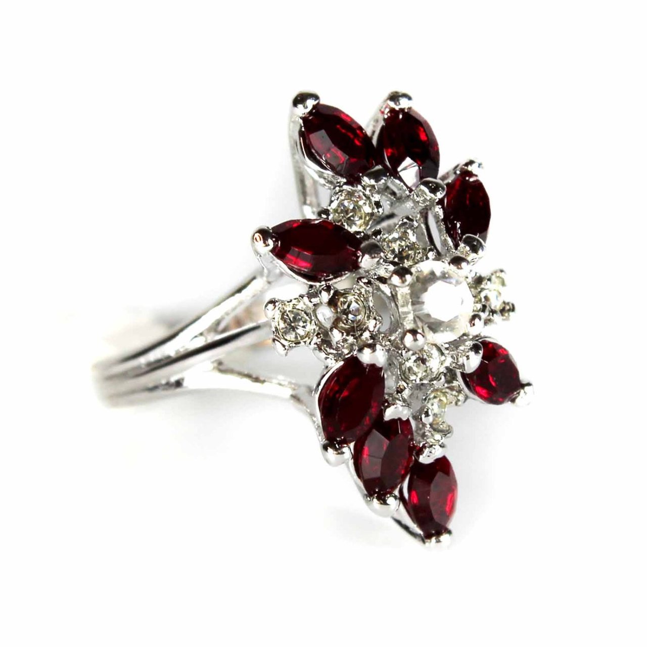 Vintage 1970s Ruby Red and Clear Austrian Crystal Cluster Ring – 18k White Gold Electroplated jewelry image 1