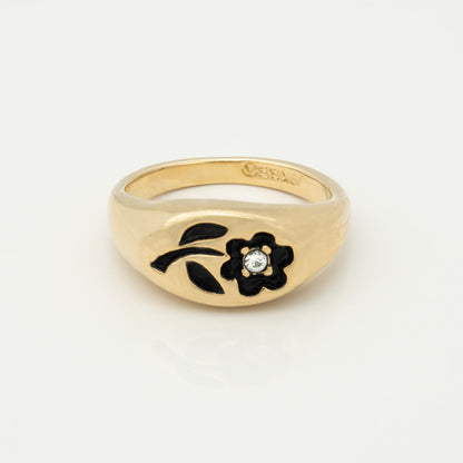 Vintage Ring 1980's Flower Ring Enamel with Clear Cubic Zirconia 18k Gold Antique Womans Jewelry Rings R856-FCY Size: 5