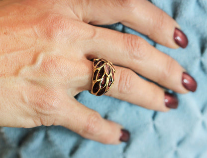 Vintage 1970's Deep Ruby Enamel with Sparkle Undertone Leaf Motif 18k Gold Electroplated Ring