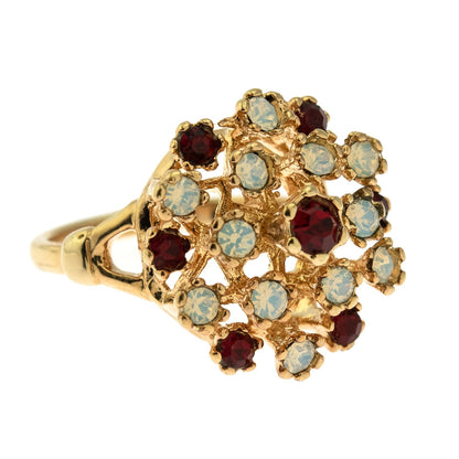 Vintage Ring Ruby Austrian Crystals and Pinfire Opals 18k White Gold Electroplate Made in the USA
