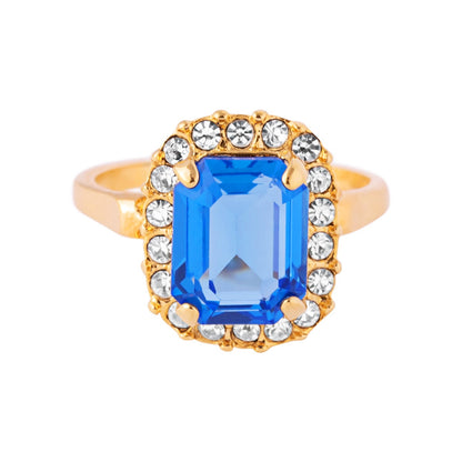 Vintage Blue Topaz Crystal and Clear Austrian Crystal Ring - 18k Yellow Gold Electroplated Halo Setting jewelry image 1