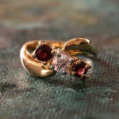 Vintage Ring Genuine Garnet and Clear Swarovski Crystals 18kt Gold Plated Band January Birthstone Antique Jewlery for Womens Rings R2369 Size: 8