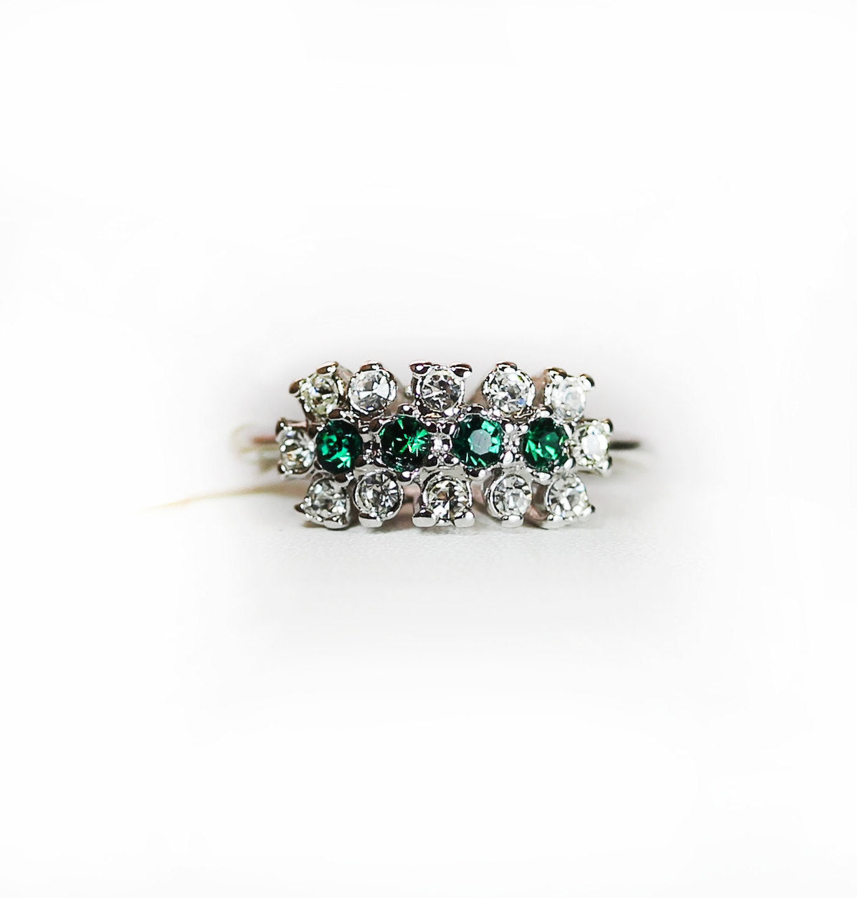 Vintage Ring Emerald or Sapphire and Clear Austrian Crystals 18k Gold Electroplated Cluster Made in USA
