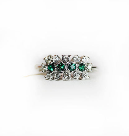 Vintage Ring Emerald or Sapphire and Clear Austrian Crystals 18k Gold Electroplated Cluster Made in USA