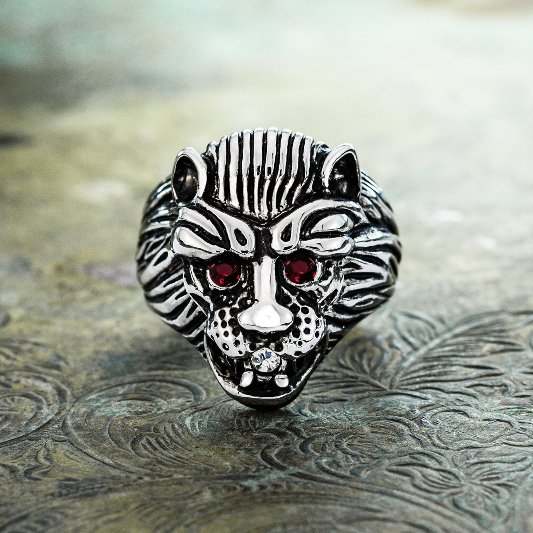 Vintage Zodiac Lion Head Ring – 18K White Gold Plated with Ruby Red Eyes – Made in Providence, RI jewelry image 1