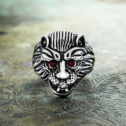 Vintage Zodiac Lion Head Ring – 18K White Gold Plated with Ruby Red Eyes – Made in Providence, RI jewelry image 1
