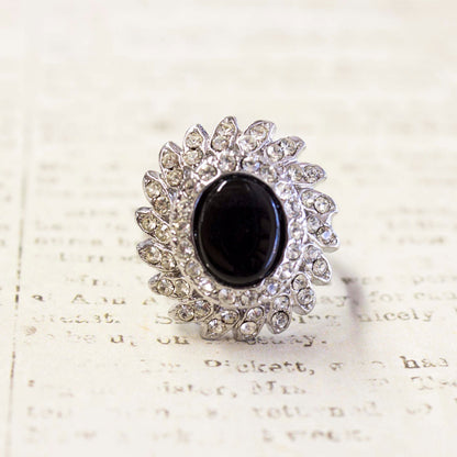 Vintage 1970s Genuine Onyx Cocktail Ring with Clear Austrian Crystals – 18k White Gold Electroplated jewelry image 1