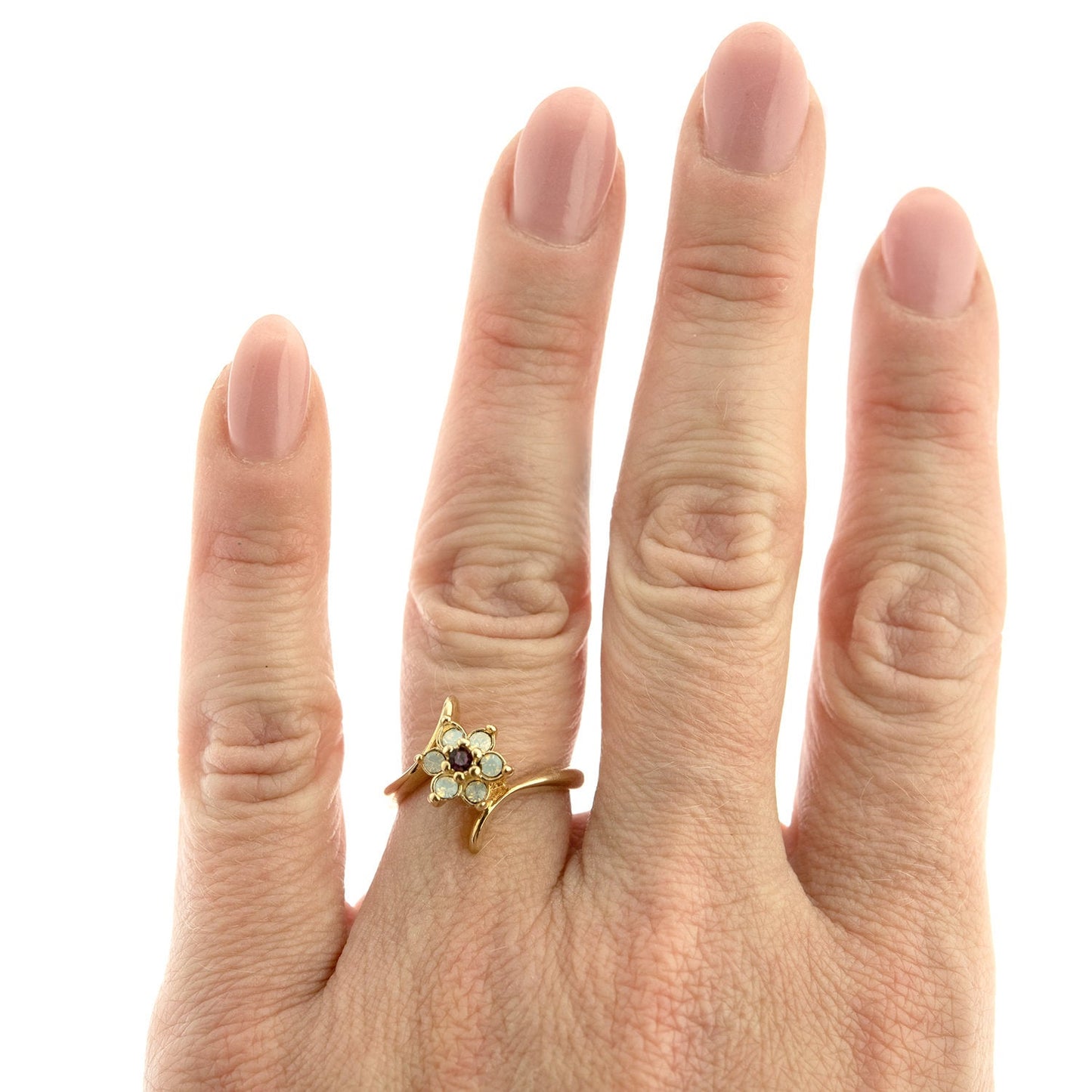 Vintage 1970's Amethyst Crystal and Genuine Pinfire Opal Ring 18kt Yellow Gold Electroplated Ring