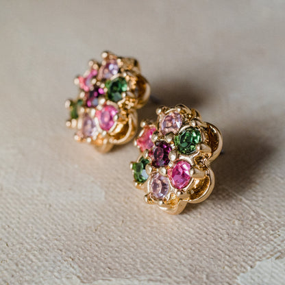 Vintage Pastel Flower Pierced Earrings 18k Yellow Gold Electroplated Made in USA