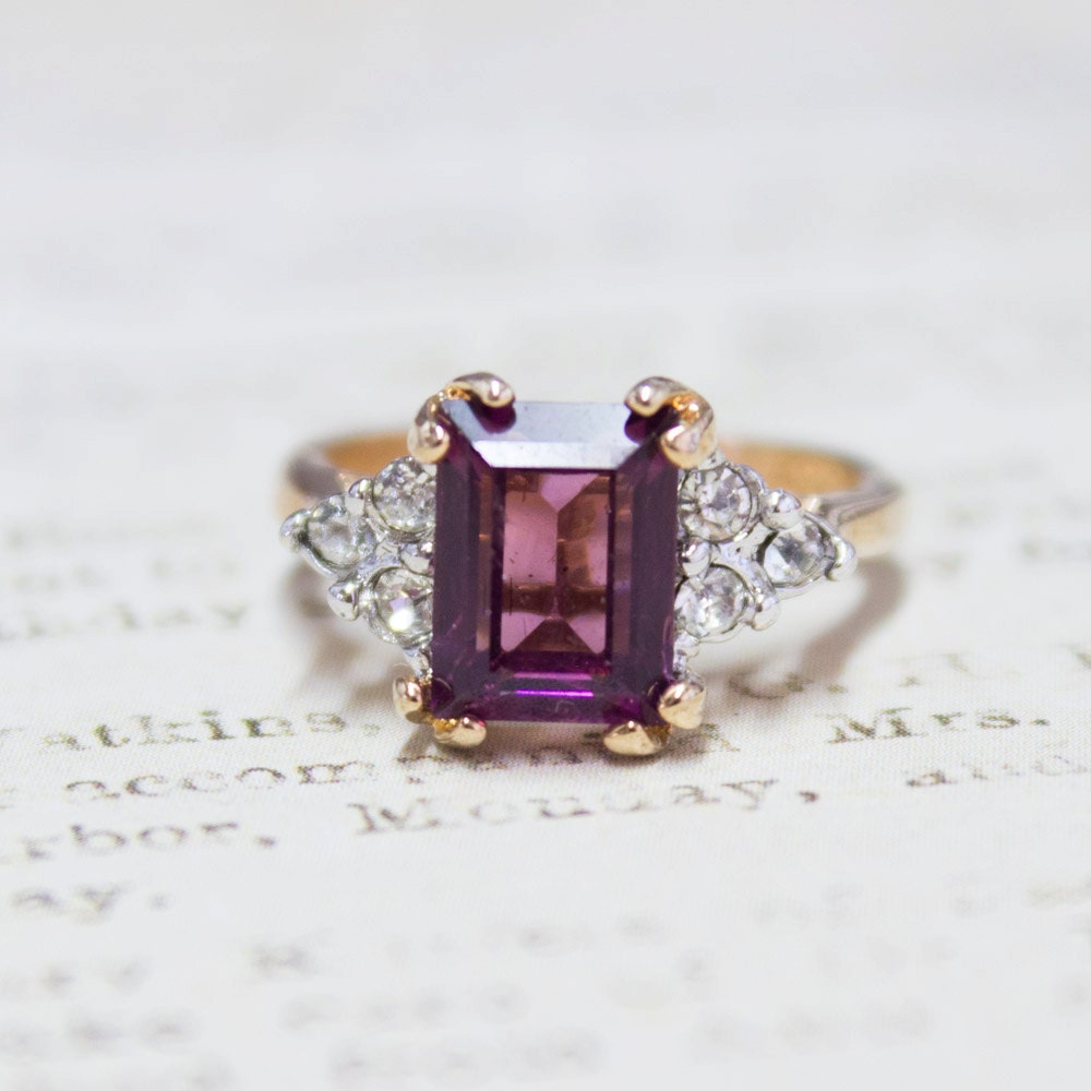 Vintage 1980s Amethyst Swarovski Crystal Ring with Clear Crystal Accents - 18k Gold Electroplated - Made in USA jewelry image 1