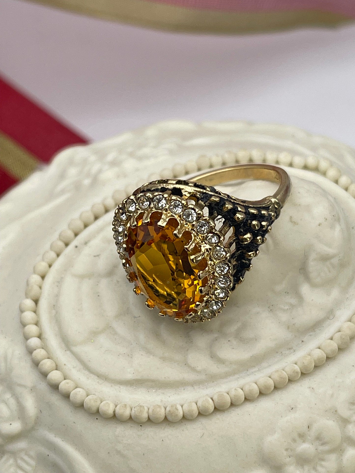Vintage Amethyst and Clear Crystal 18k Antiqued Yellow Gold Electroplated Ring Made in the USA
