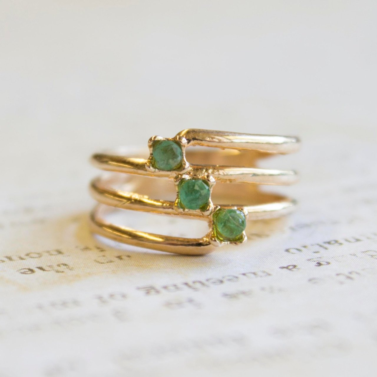 Vintage 1980s Genuine Emerald 18k Gold Electroplated Triple Band Ring Made in USA jewelry image 1