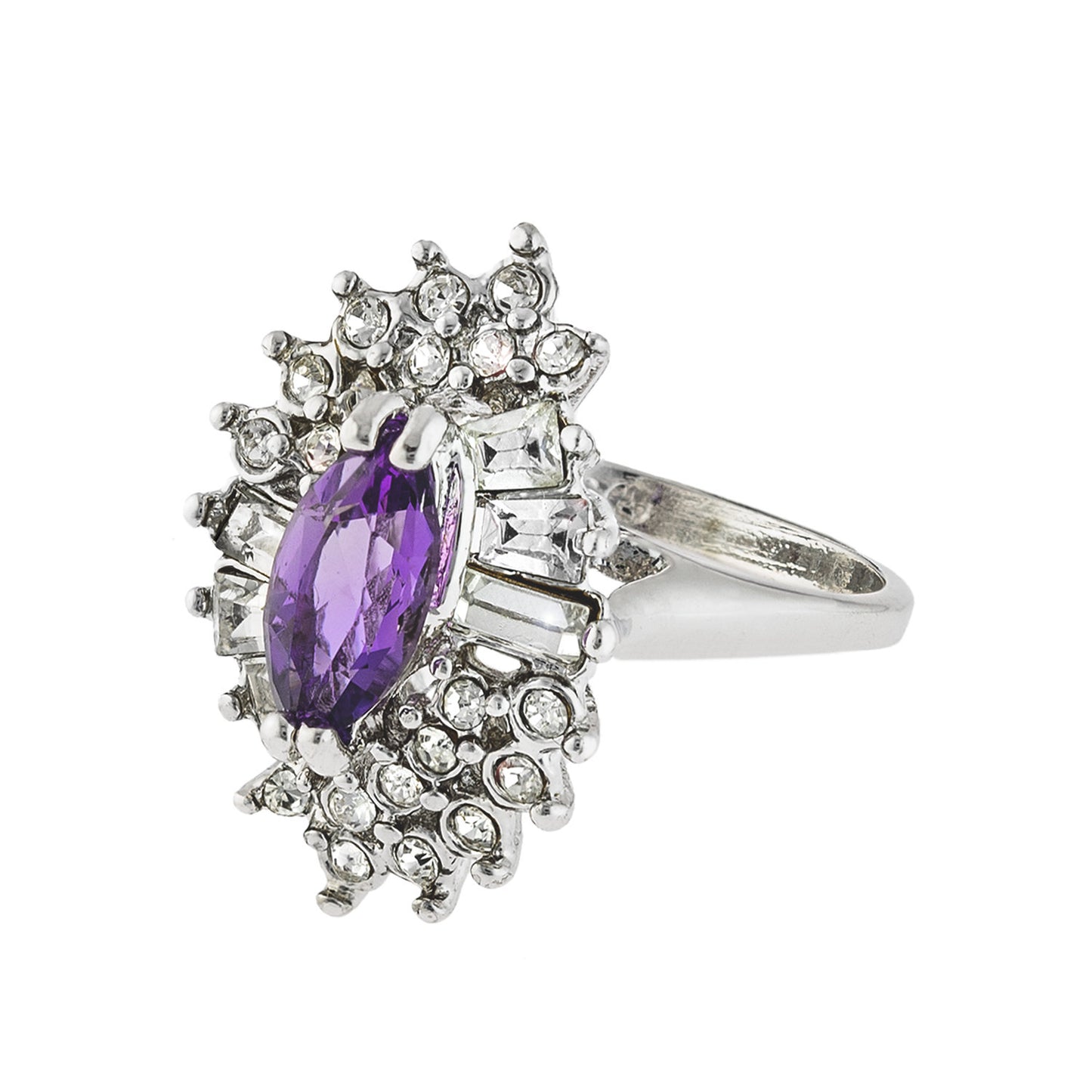 Vintage 1970's Austrian Crystals 18k White Gold Electroplated Ring Made in USA