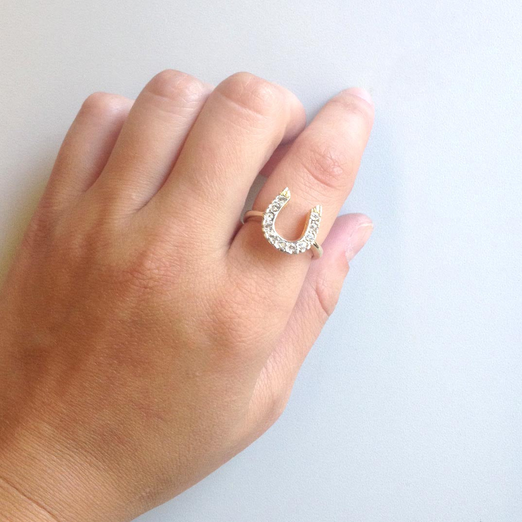 Vintage Ring 1970s Lucky Horseshoe Ring Austrian Crystals 18k Gold Antique Womans Jewelry Horse