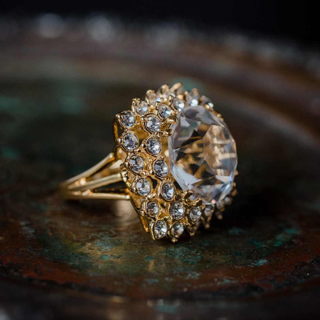 Vintage Austrian Crystal Women's Statement Cocktail Ring 18k Yellow Gold Electroplated Made in the USA