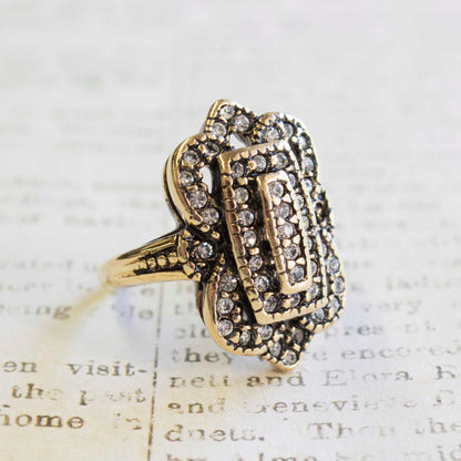 Vintage Antiqued 18k Yellow Gold Electroplated Ring with Clear Austrian Crystals Made in USA
