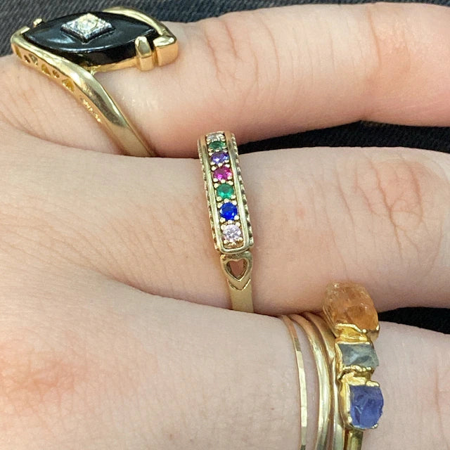 Vintage Imitation Onyx Stone set with Austrian Crystal 18kt Yellow Gold Electroplated Setting Made in USA #R961 Size: 4