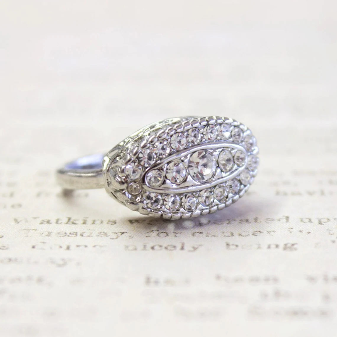 Vintage Clear Crystal Pave Ring in White 18kt Gold Electroplated Setting Made in the USA