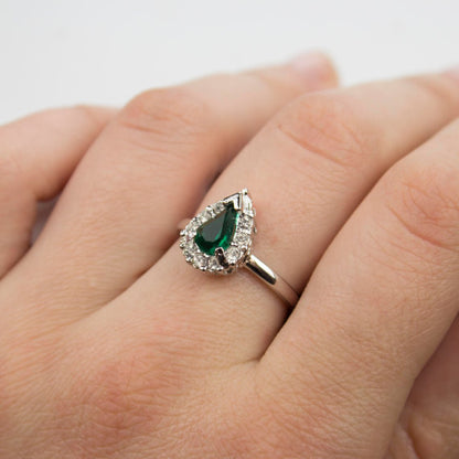 Vintage Ring Teardrop Emerald and Clear Swarovski Crystals 18k White Gold Silver  #R129 Size: 13