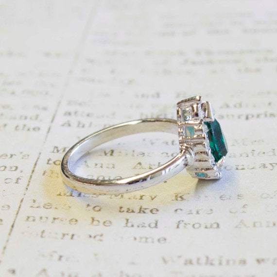 Vintage Ring Teardrop Emerald and Clear Swarovski Crystals 18k White Gold Silver  #R129 Size: 13