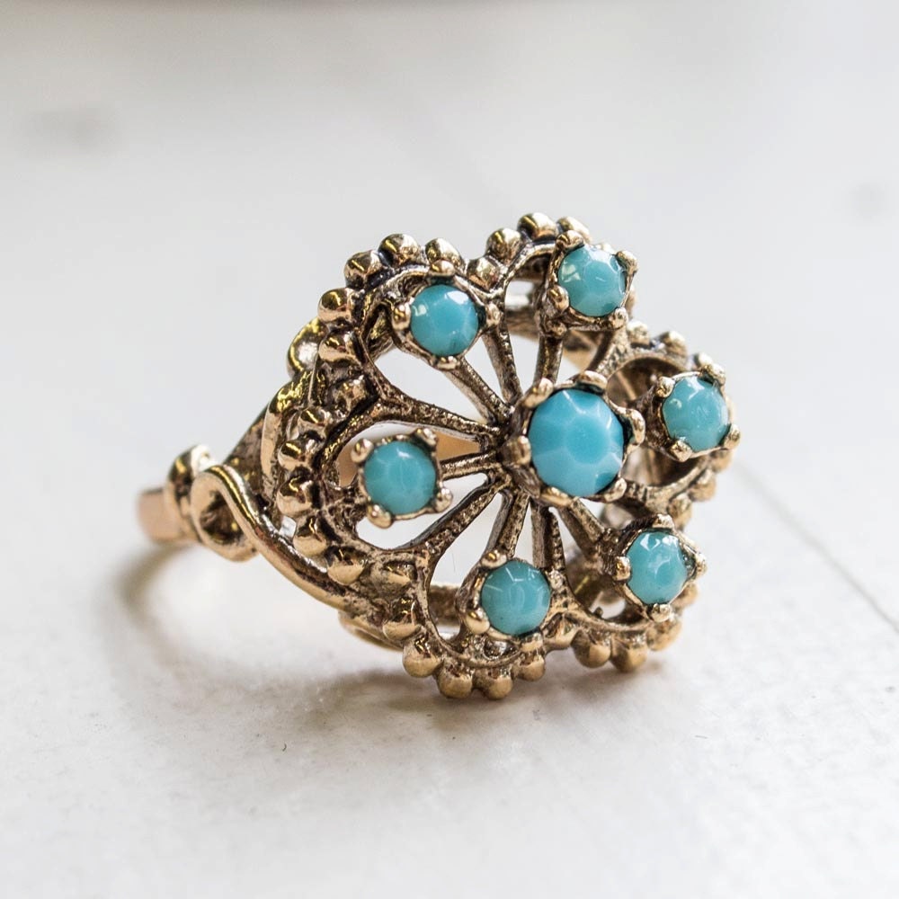Vintage Ring Filigree Ring Turquoise Beads Antique 18k Gold Edwardian Style Womans Jewelry#R103 - Limited Stock - Never Worn