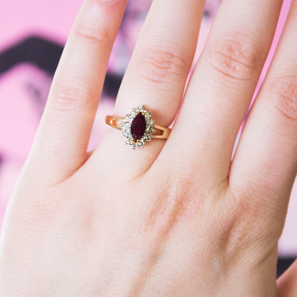 Real Vintage Garnet and Clear Swarovski Crystals Antique 18kt Gold Plated Ring January Birthstone Womans Jewelry #R1314 - NEVER WORN