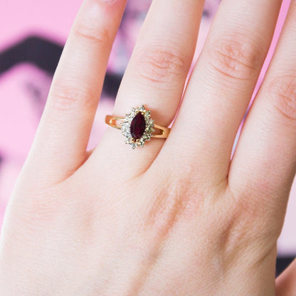 Real Vintage Garnet and Clear Swarovski Crystals Antique 18kt Gold Plated Ring January Birthstone Womans Jewelry #R1314 - NEVER WORN