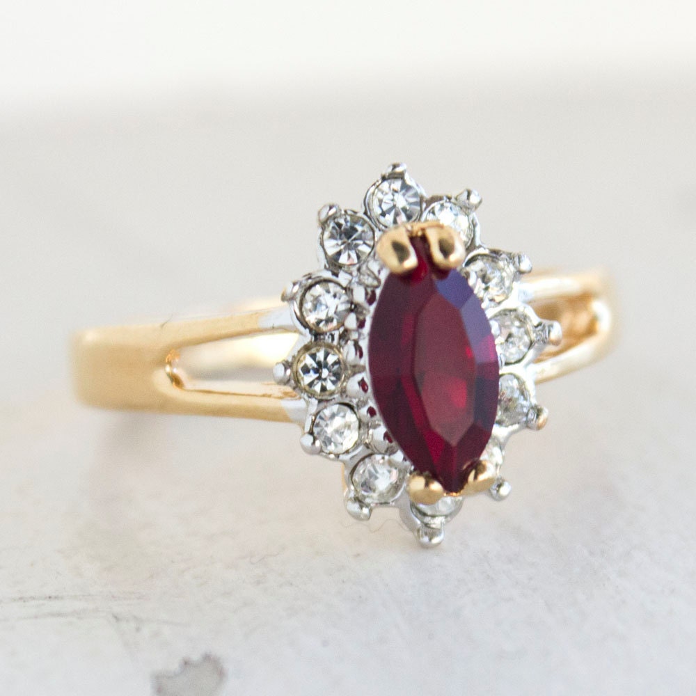 Real Vintage Garnet and Clear Swarovski Crystals Antique 18kt Gold Plated Ring January Birthstone Womans Jewelry #R1314 - NEVER WORN