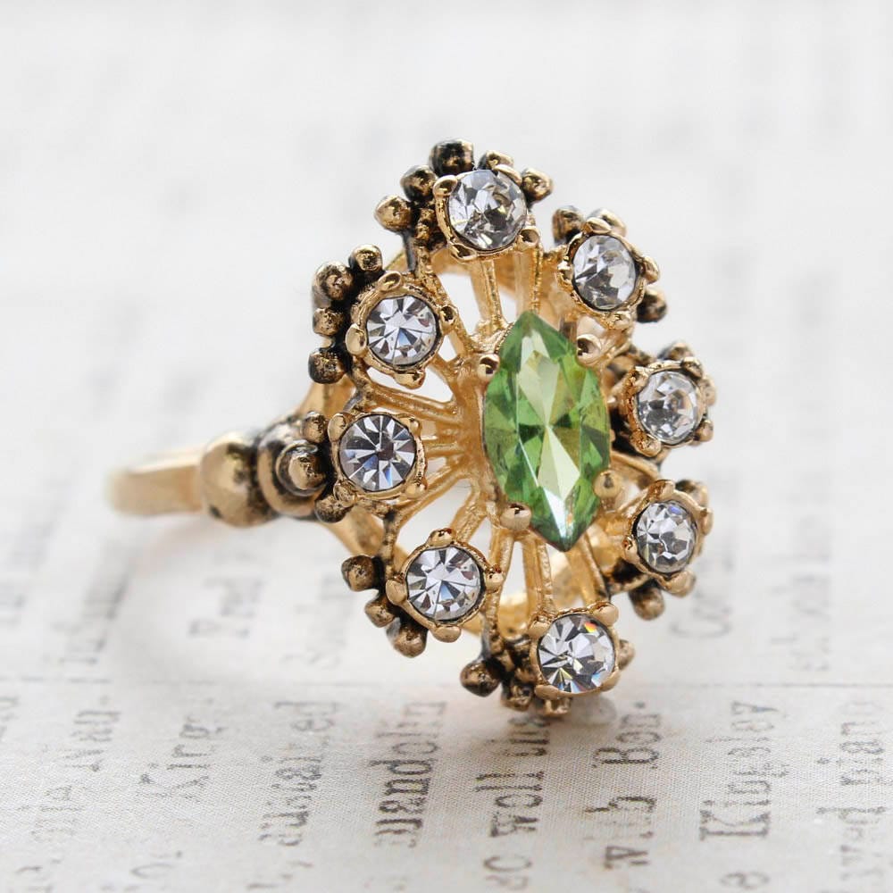 Vintage Ring Filigree Cocktail Ring Peridot Swarovski Crystals and Clear Crystals Antique 18k Gold Plated Antique Womans Jewelry #R250