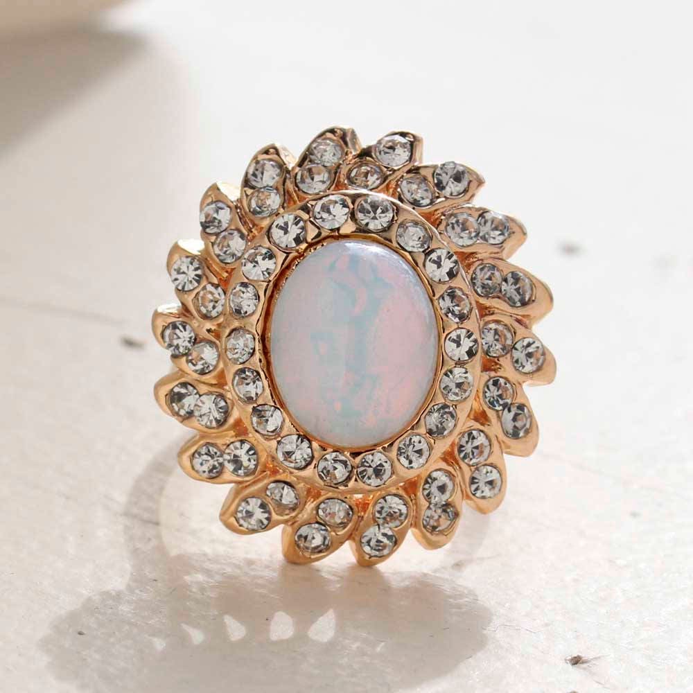 Vintage Pinfire Lab Opal Cocktail Ring with Austrian Crystals – 18kt Gold Electroplated, Made in USA jewelry image 1