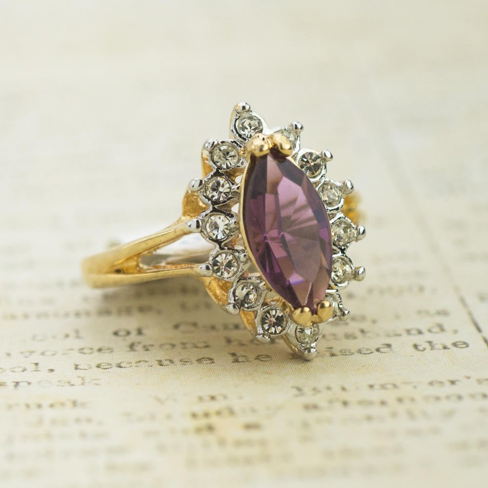 Vintage 1980s Amethyst Marquise Swarovski Crystal Ring 18k Gold Electroplated jewelry image 1