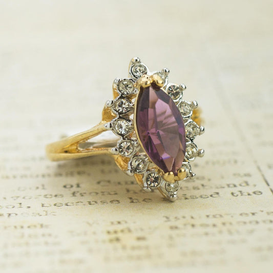 Vintage 1980s Amethyst Marquise Swarovski Crystal Ring 18k Gold Electroplated jewelry image 1
