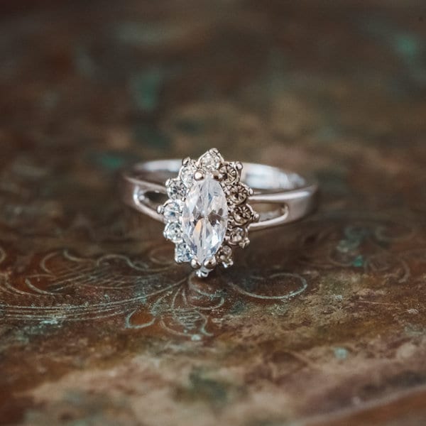 Antique Vintage Ring Clear Swarovski Crystals 18kt White Gold Silver April Birthstone Womans Engagement #R1314 - Limited Stock - Never Worn