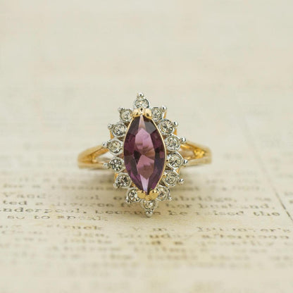 Vintage Ring Amethyst and Clear Swarovski Crystals 18k Gold Plated February Birthstone #R1891 - Limited Stock - Never Worn